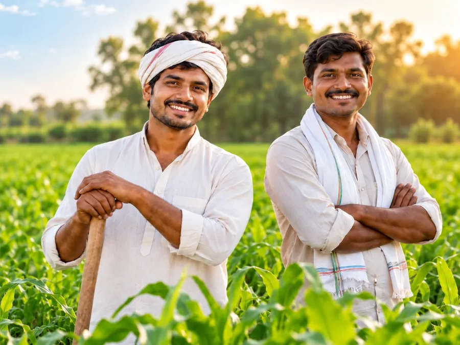 Two smiling Indian farmers standing in a green crop field at sunrise