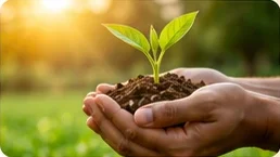 Hands holding soil with a young green plant