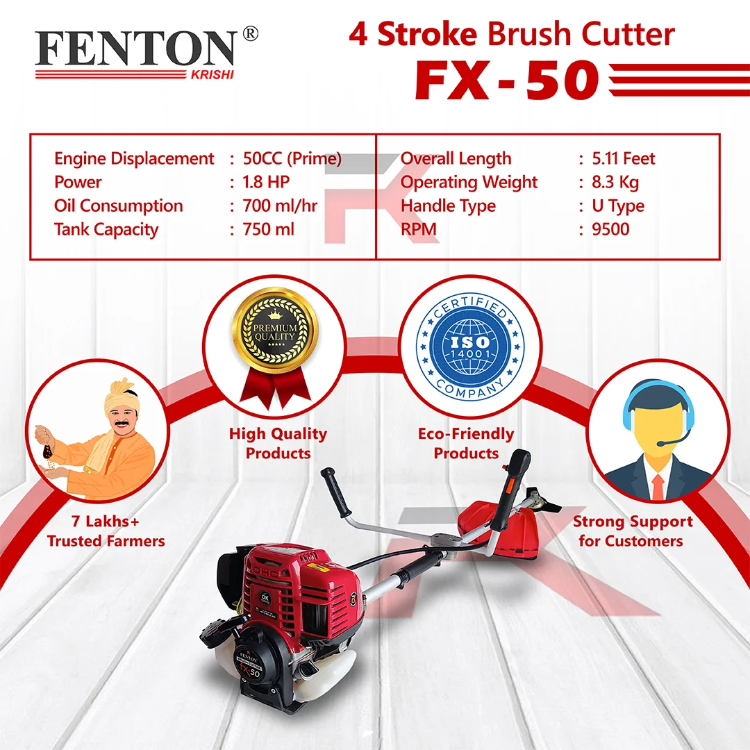 Fenton Krishi 50CC Prime 1.8HP SP 4 Stroke Prime Brush Cutter 80T | 3T | Tap n Go With Chainsaw Attachment Fuel Grass Trimmer