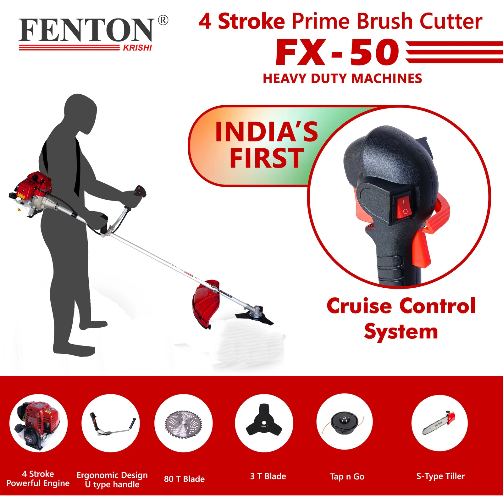Fenton Krishi 50CC Prime 1.8HP SP 4 Stroke Prime Brush Cutter 80T | 3T | Tap n Go With Chainsaw Attachment Fuel Grass Trimmer – thumb