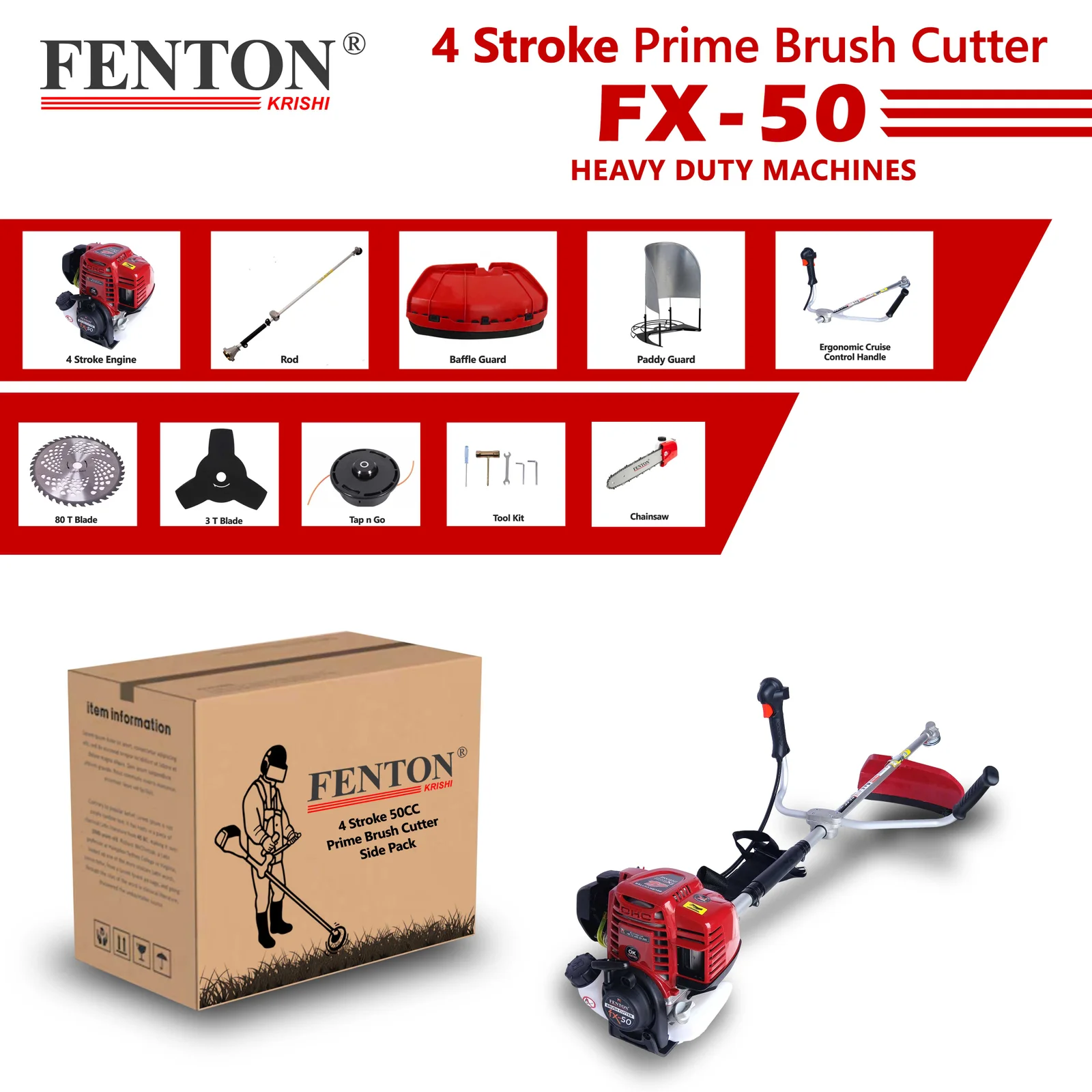 Fenton Krishi 50CC Prime 1.8HP SP 4 Stroke Prime Brush Cutter 80T | 3T | Tap n Go With Chainsaw Attachment Fuel Grass Trimmer – thumb