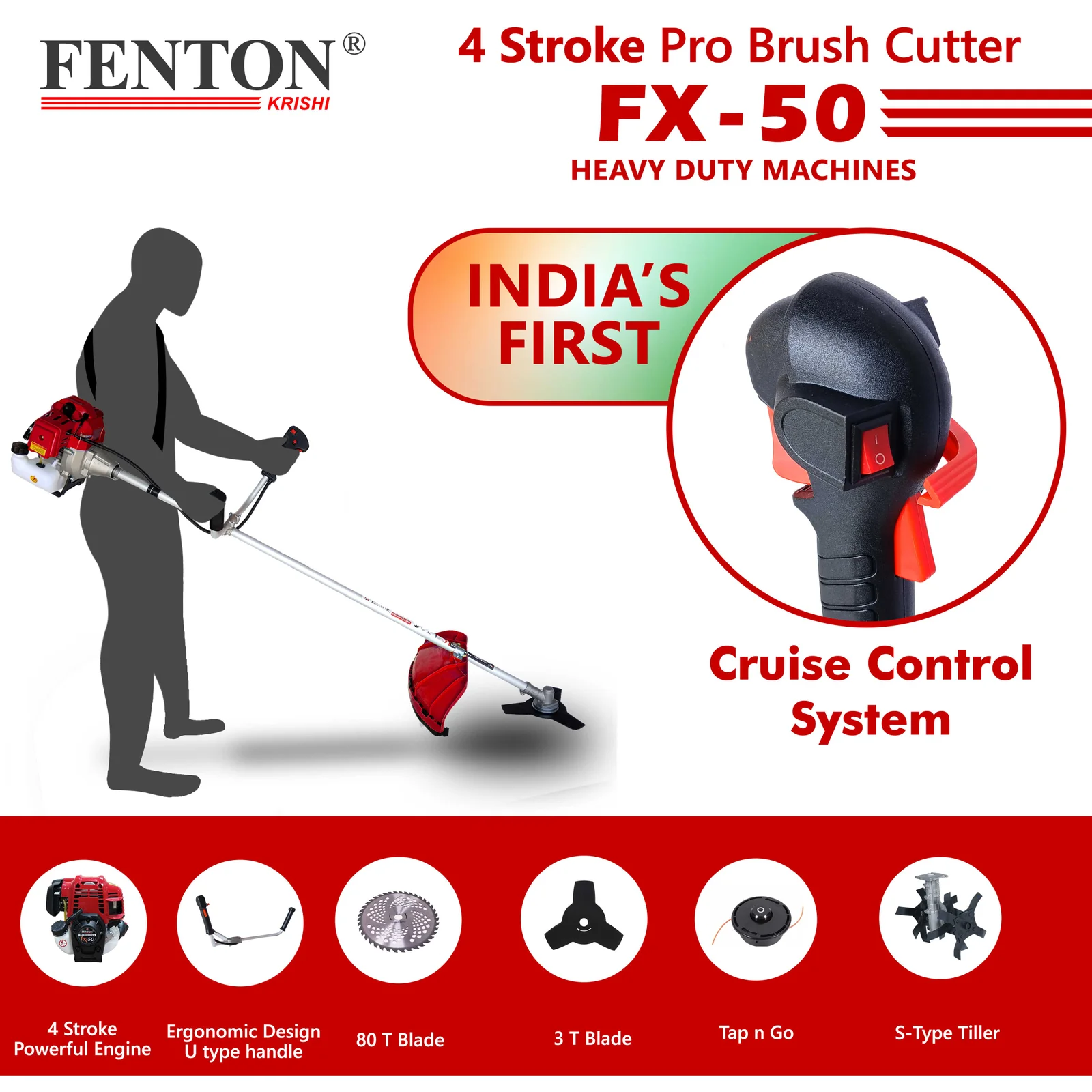 Fenton Krishi 50CC PRO 2.5HP SP 4 Stroke PRO Brush Cutter 80T | 3T | Tap n Go With Tiller Fuel Grass Trimmer