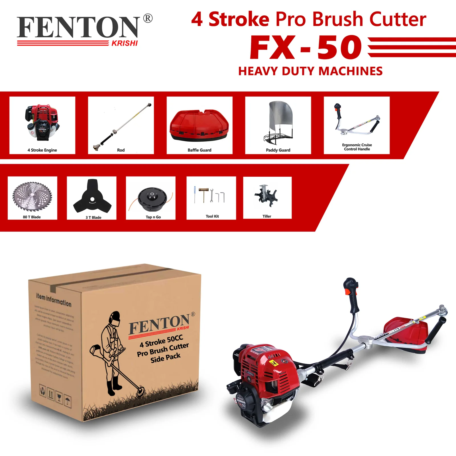 Fenton Krishi 50CC PRO 2.5HP SP 4 Stroke PRO Brush Cutter 80T | 3T | Tap n Go With Tiller Fuel Grass Trimmer – thumb