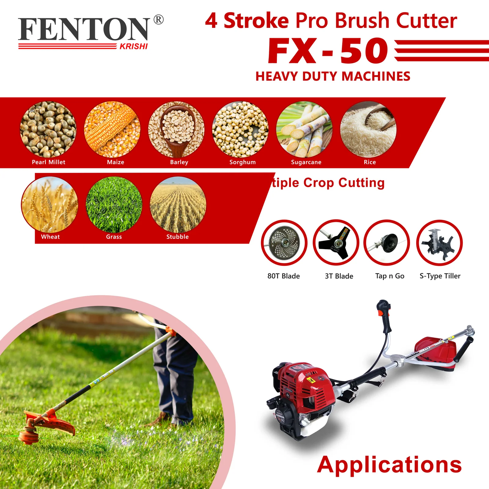 Fenton Krishi 50CC PRO 2.5HP SP 4 Stroke PRO Brush Cutter 80T | 3T | Tap n Go With Tiller Fuel Grass Trimmer – thumb