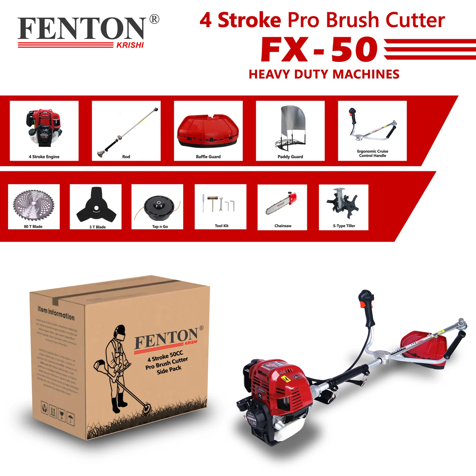 Fenton Krishi 50CC PRO 2.5HP SP 4 Stroke PRO Brush Cutter 80T | 3T | Tap n Go With Tiller And Chainsaw Attechment Fuel Grass Trimmer