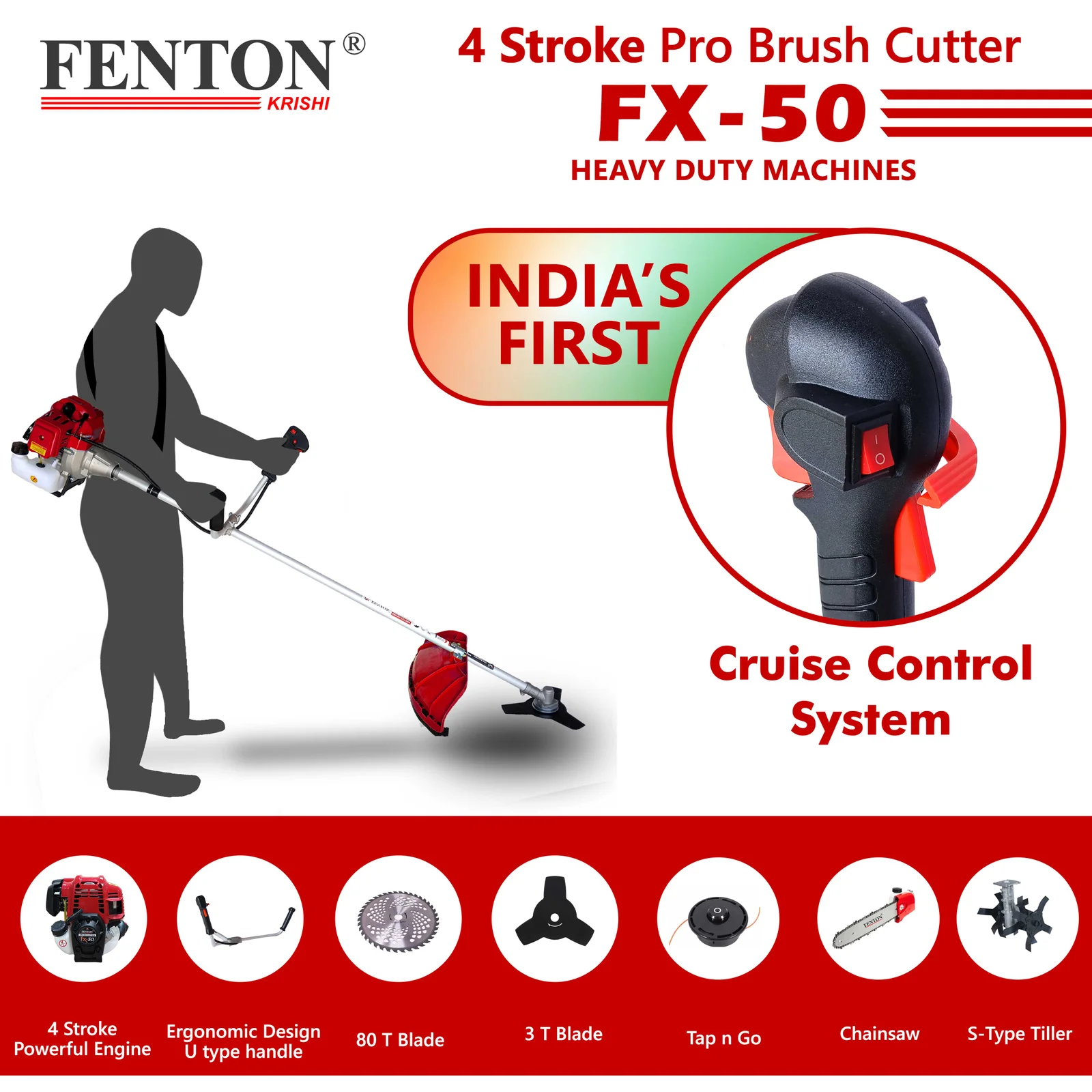Fenton Krishi 50CC PRO 2.5HP SP 4 Stroke PRO Brush Cutter 80T | 3T | Tap n Go With Tiller And Chainsaw Attechment Fuel Grass Trimmer – thumb
