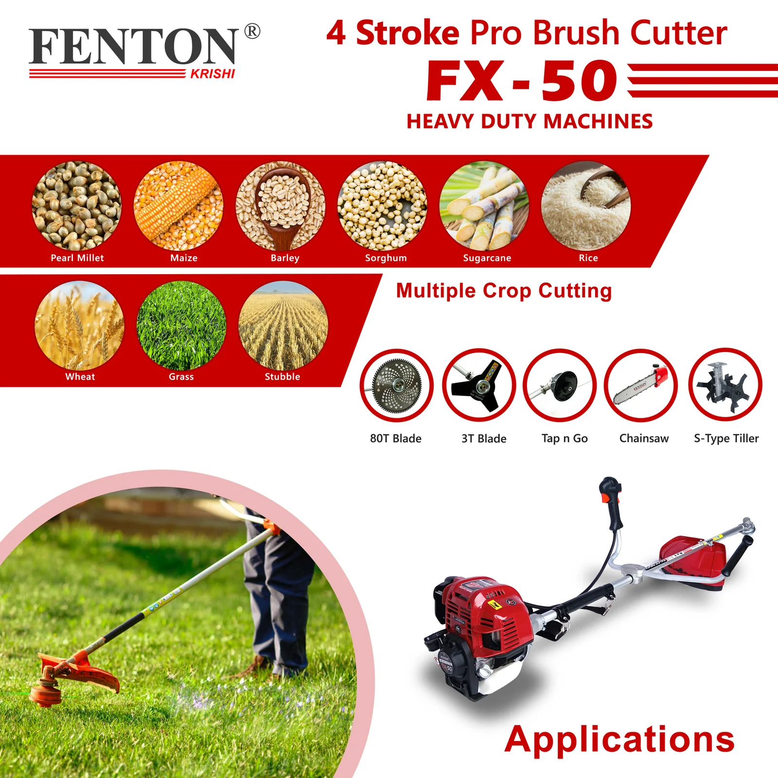 Fenton Krishi 50CC PRO 2.5HP SP 4 Stroke PRO Brush Cutter 80T | 3T | Tap n Go With Tiller And Chainsaw Attechment Fuel Grass Trimmer – thumb