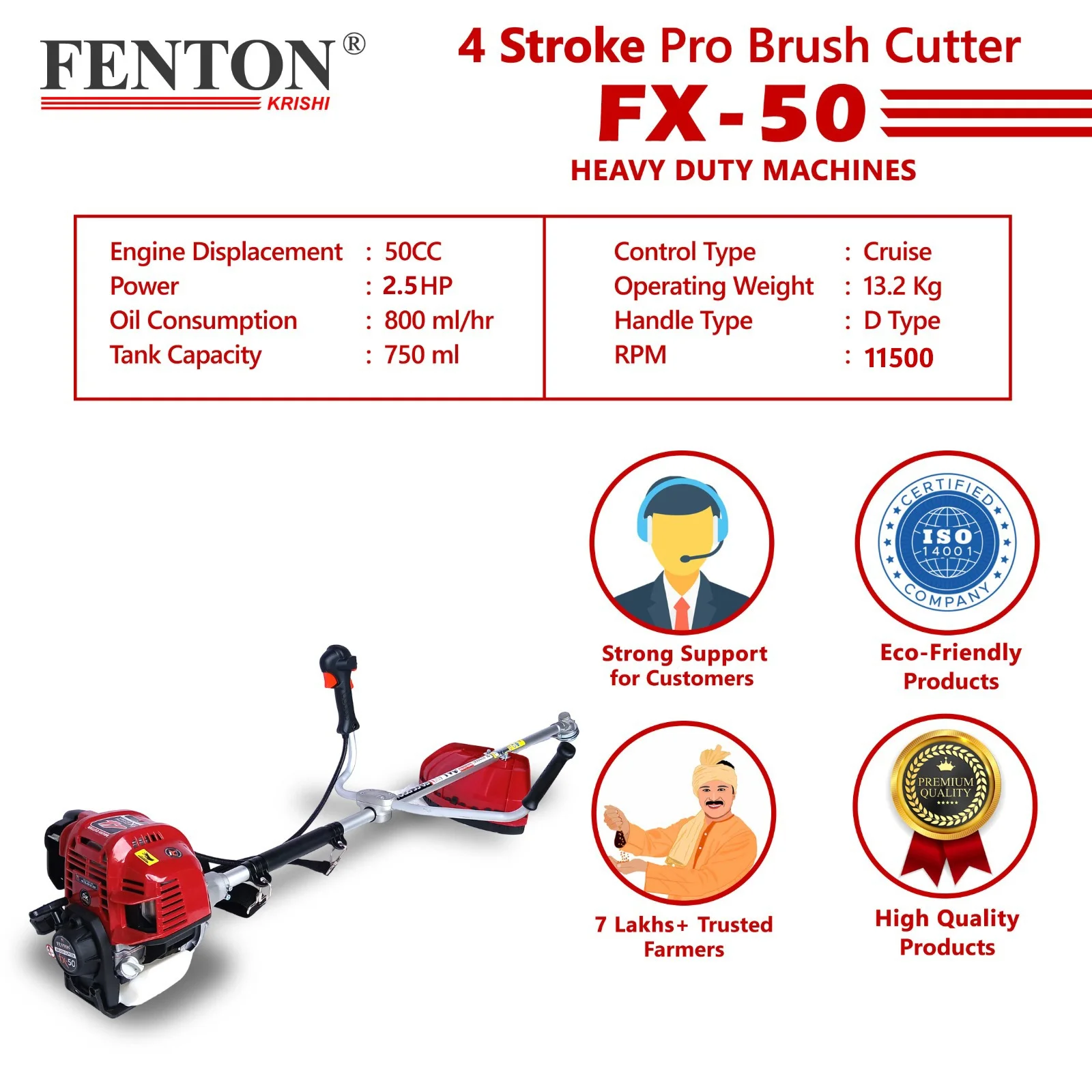 Fenton Krishi 50CC PRO 2.5HP SP 4 Stroke PRO Brush Cutter 80T | 3T | Tap n Go With Tiller And Chainsaw Attechment Fuel Grass Trimmer – thumb