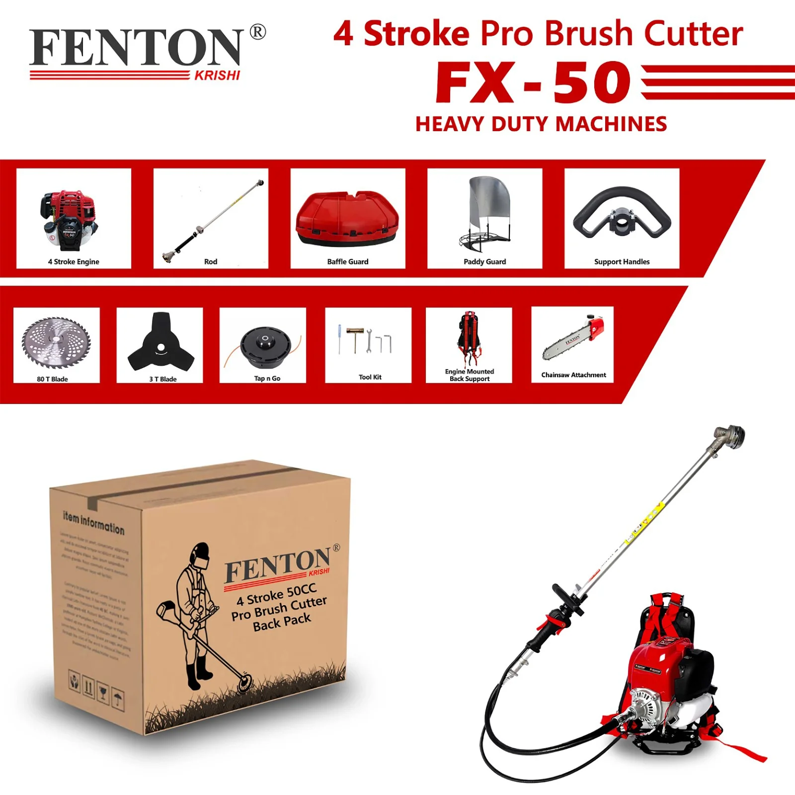 Fenton Krishi FX-50 Pro Brush Cutter – 4-Stroke Multi-Attachment Farm Trimmer – thumb