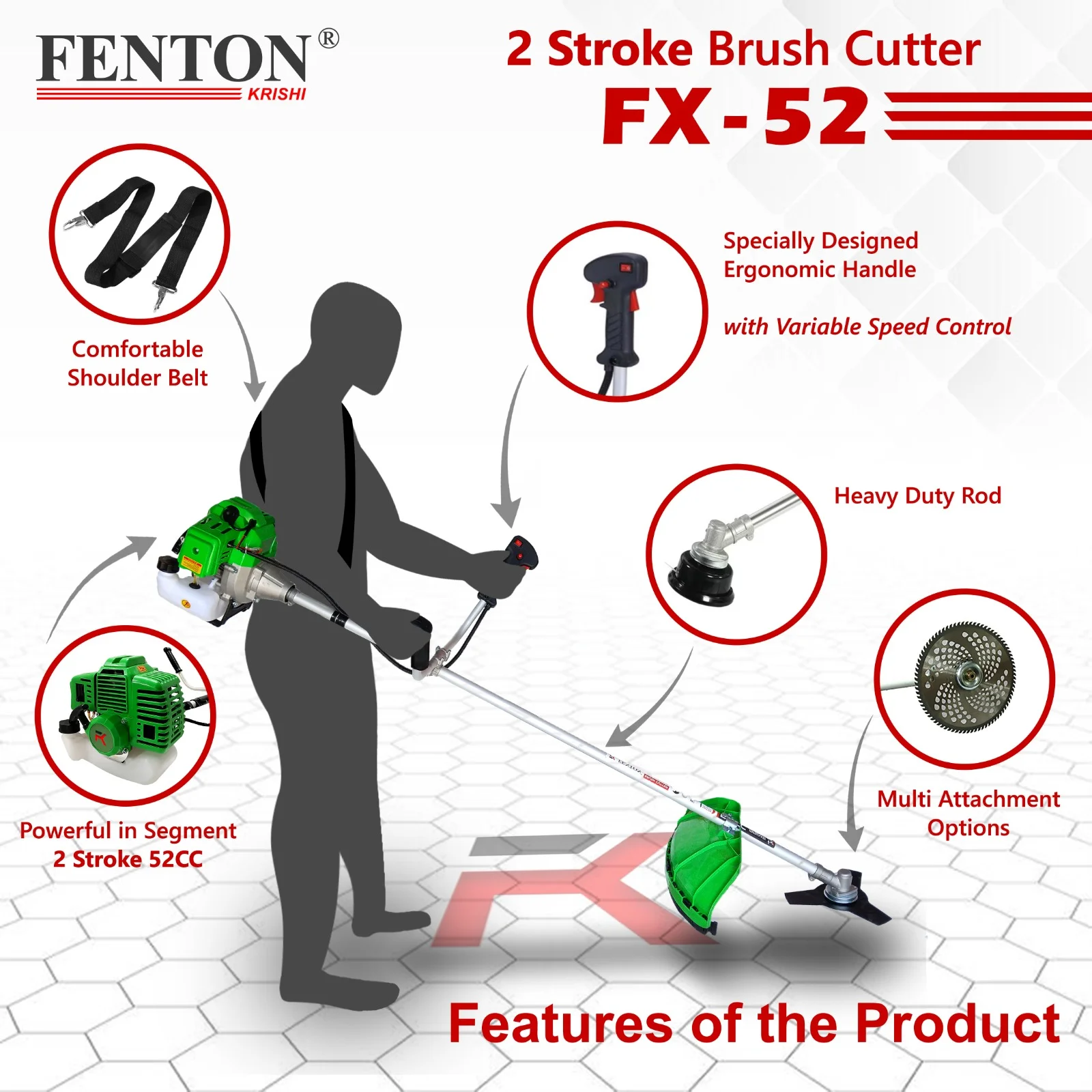 Fenton Krishi 52CC SP Brush Cutter with 80T, 3T & Tap-n-Go Trimmer Head – thumb