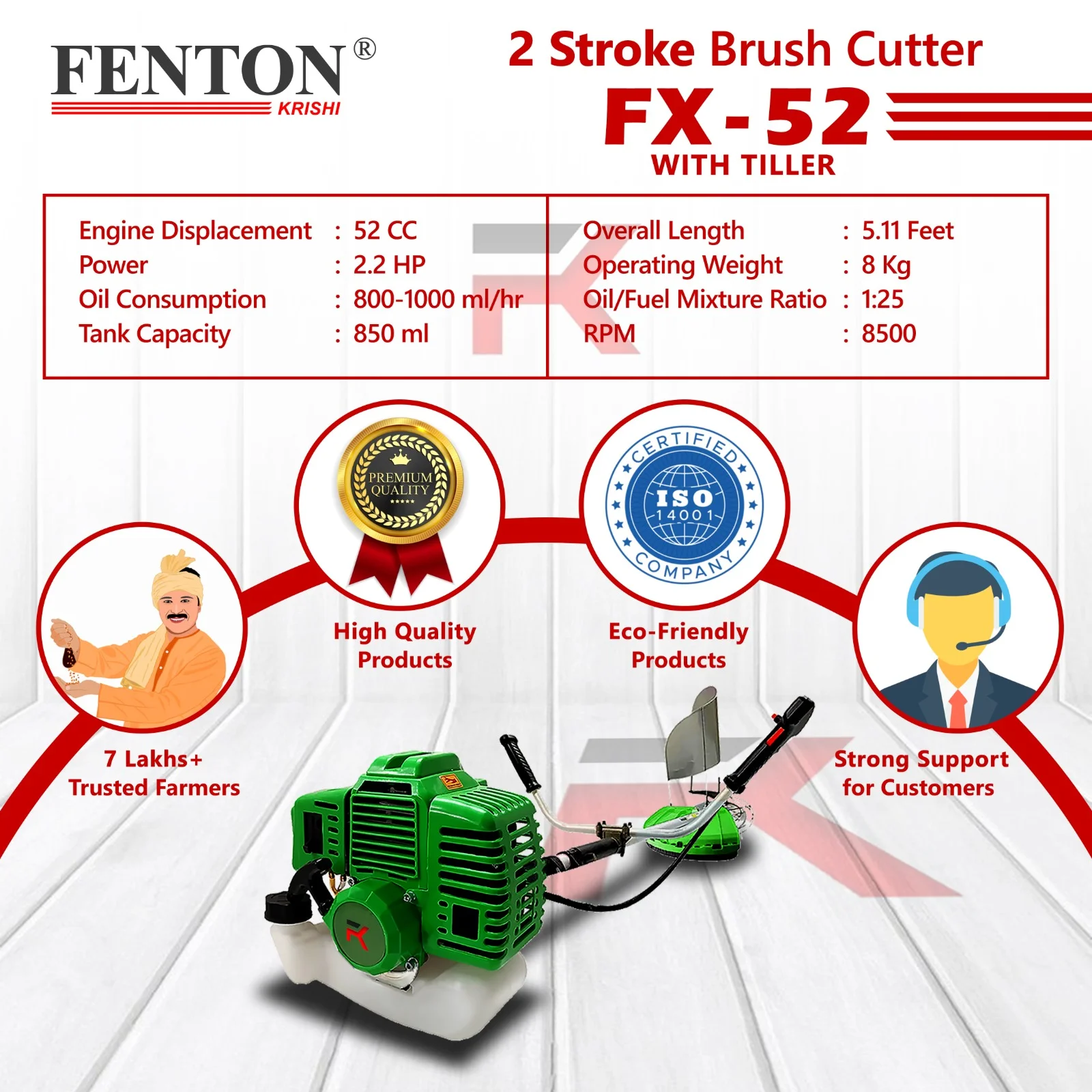 Fenton Krishi 52CC Brush Cutter with 80T, 3T, Tap-n-Go, Tiller & Chainsaw Attachments