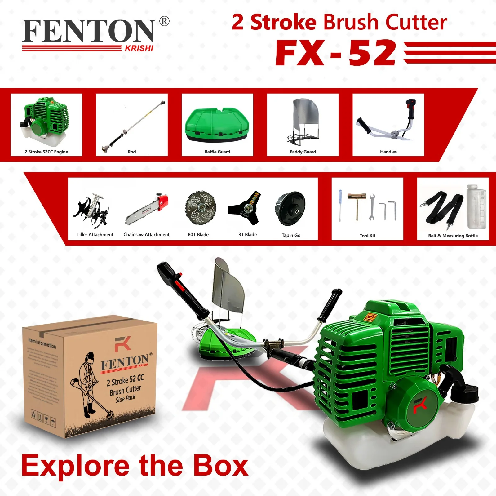 Fenton Krishi 52CC Brush Cutter with 80T, 3T, Tap-n-Go, Tiller & Chainsaw Attachments – thumb