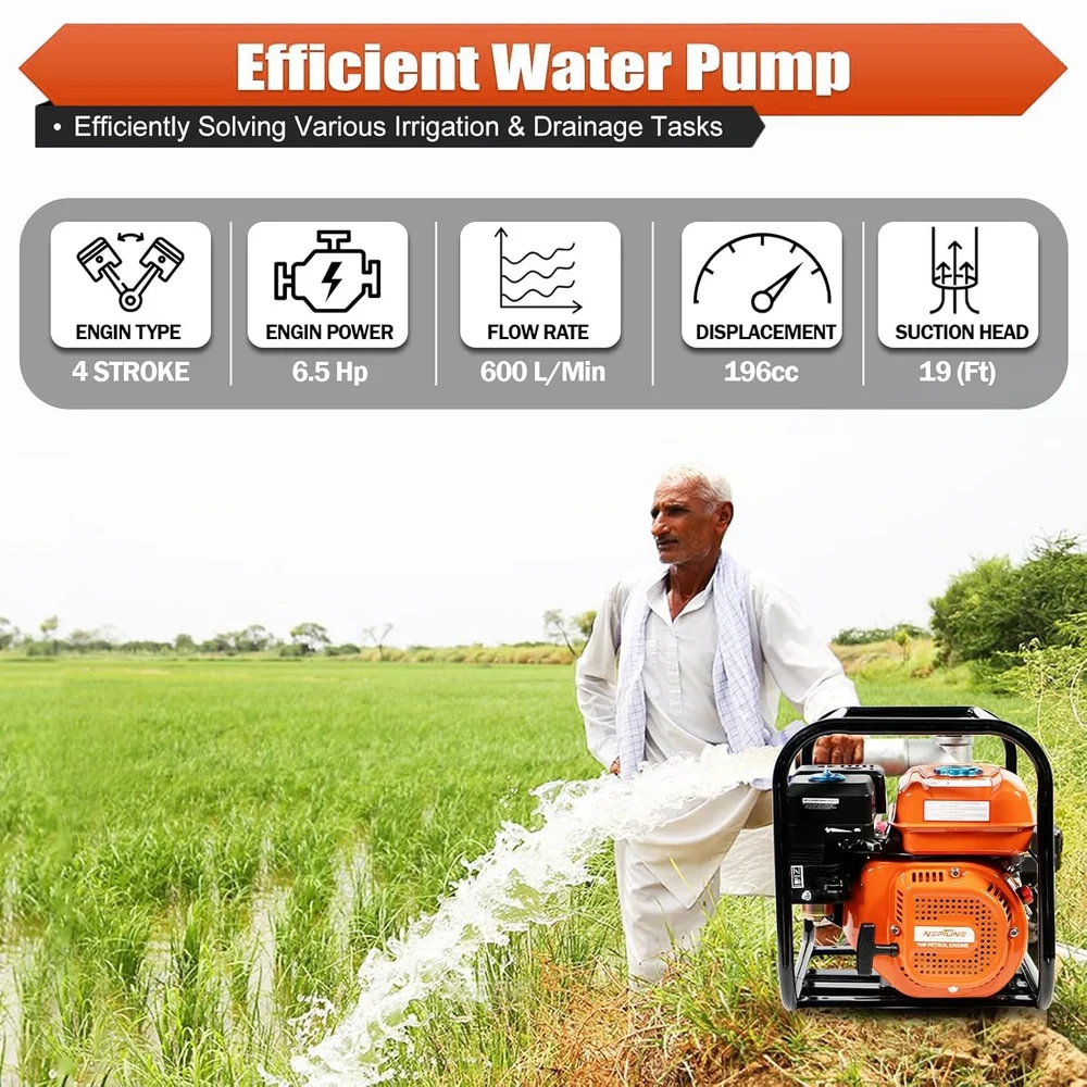 Neptune NPP-30 6.5 HP Portable Water Pump – 4-Stroke 196cc Petrol Engine