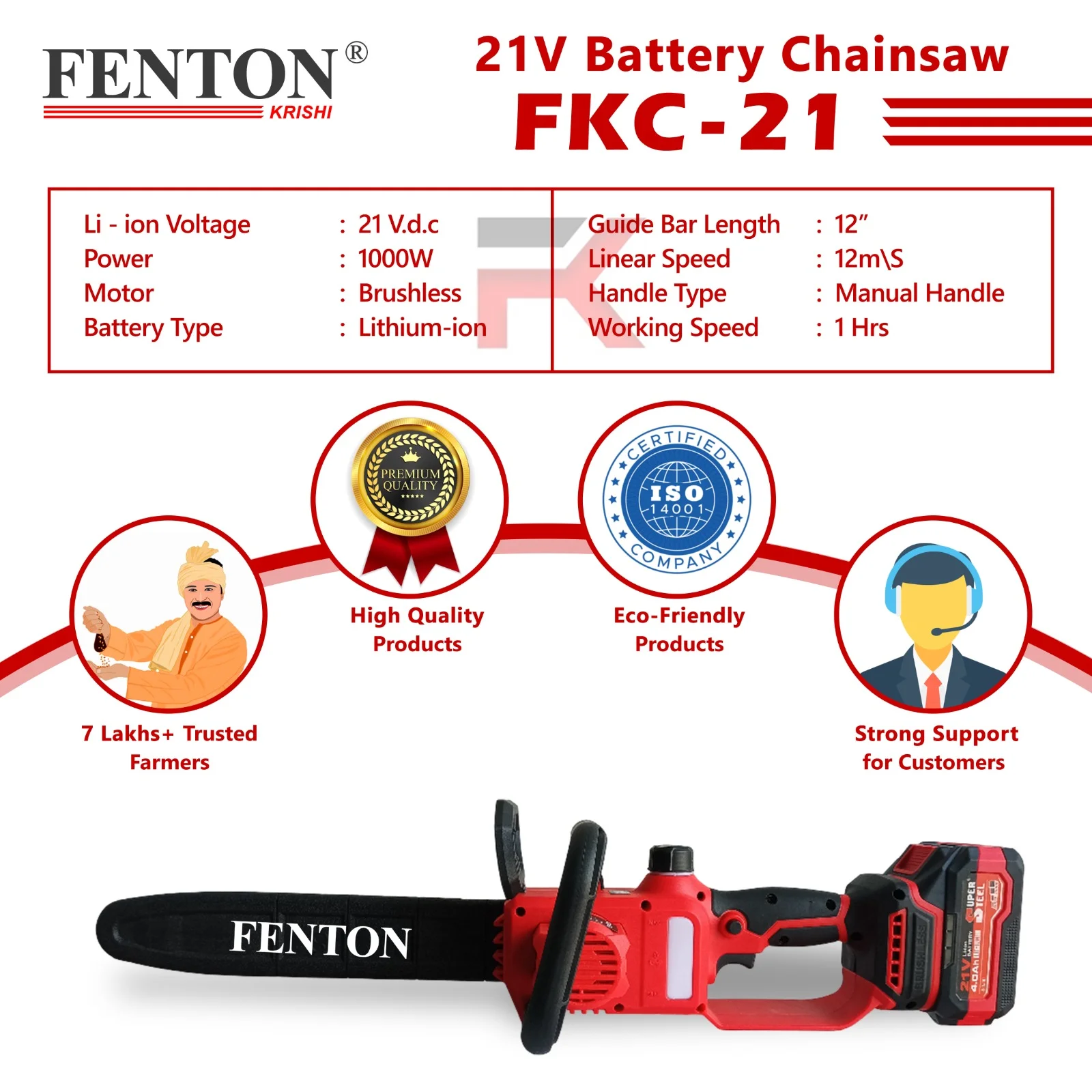 Fenton Krishi FEC-BT-21 Hybrid Chainsaw – 1000W, 21V Battery, 12" Guide Bar