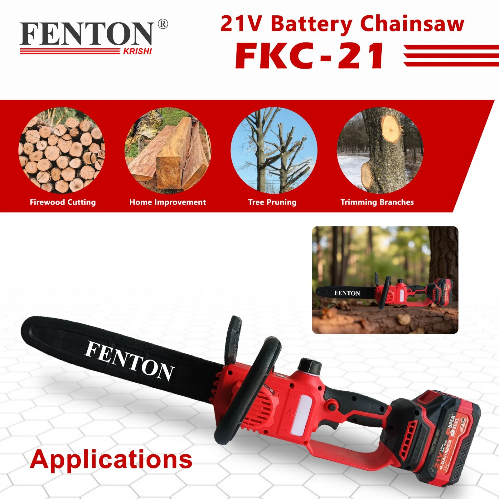 Fenton Krishi FEC-BT-21 Hybrid Chainsaw – 1000W, 21V Battery, 12" Guide Bar – thumb