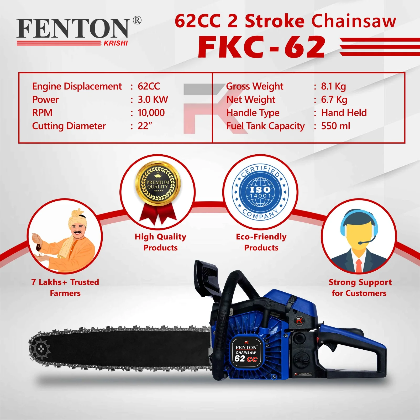 FentonKrishi FX62CC Chain Saw with 22" Guide Bar FX Pro Series Fuel Chainsaw – thumb