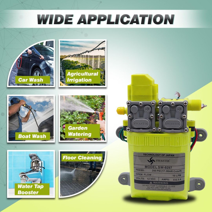 Swastik SW-9297 12V DC Double Motor Diaphragm Pump – 250 PSI, 10 LPM Auto-Cut – thumb