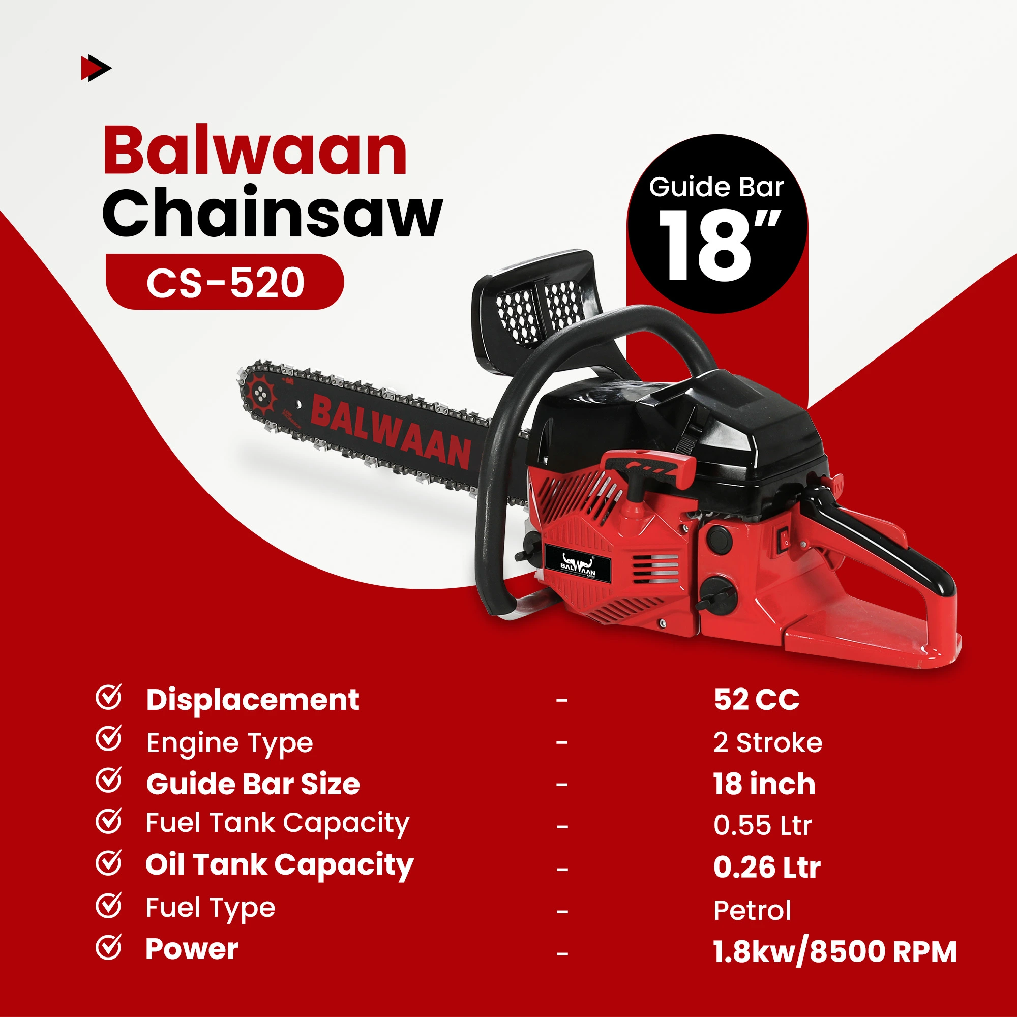 Balwaan CS-520 52cc Petrol Chainsaw 18 Inch