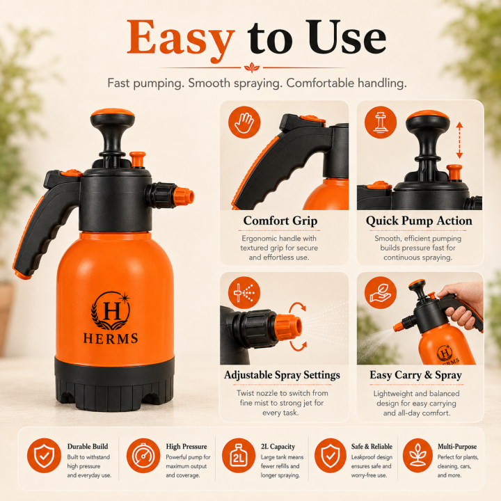 Herms Premium 2L Hand Pressure Garden Orange Spray Pump with 3 Spray Modes – thumb
