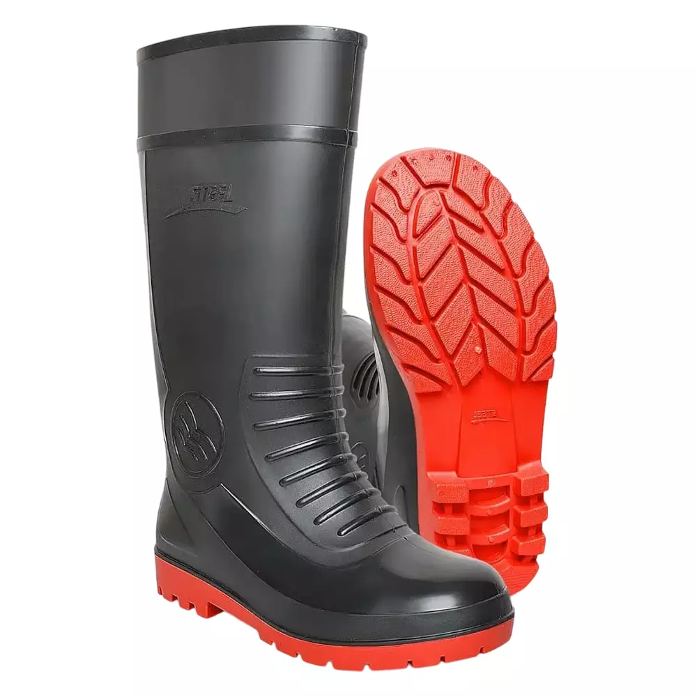 iMTSP PVC Safety Gumboot Without Steel Toe Black & Red 15 Inch Height (UK 7-10)
