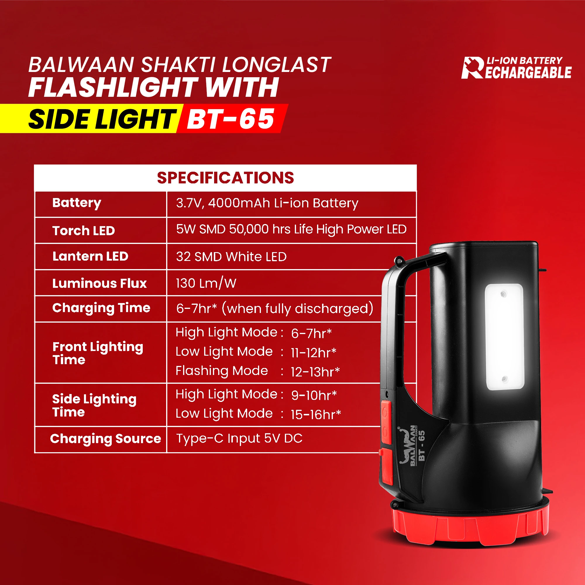 Balwaan Shakti Longlast Flashlight with Side Light BT- 65 – thumb