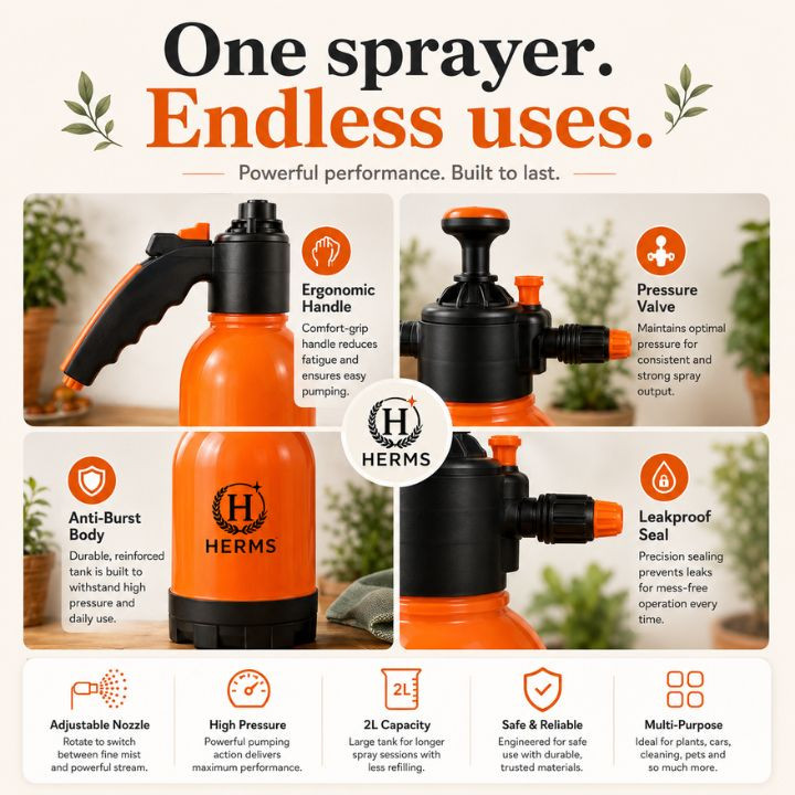 Herms Premium 2L Hand Pressure Garden Orange Spray Pump with 3 Spray Modes – thumb