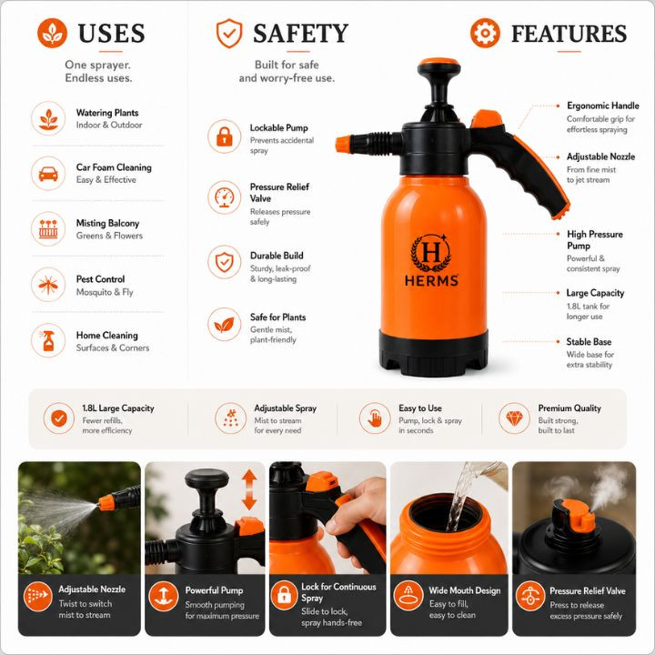 Herms Premium 2L Hand Pressure Garden Orange Spray Pump with 3 Spray Modes – thumb