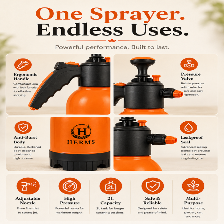 Herms Premium 2L Hand Pressure Garden Orange Spray Pump with 3 Spray Modes – thumb